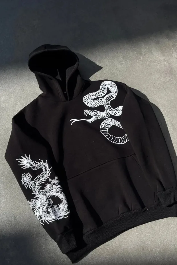 Mêr Reş Oversize 3 Têl Pembeyî Çapkirî Kapûşonî Cêbî Sweatshirt 3