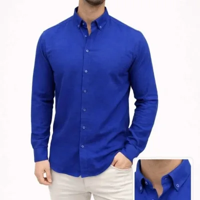 Camașă pentru bărbați, bleumarin, regular fit, din material in, cu mânecă lungă 2