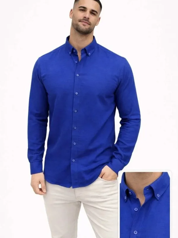 Camașă pentru bărbați, bleumarin, regular fit, din material in, cu mânecă lungă 2
