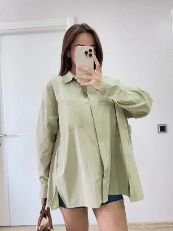 Women's Green Poplin Collar Side Slit Back Dart Detail Shirt 1