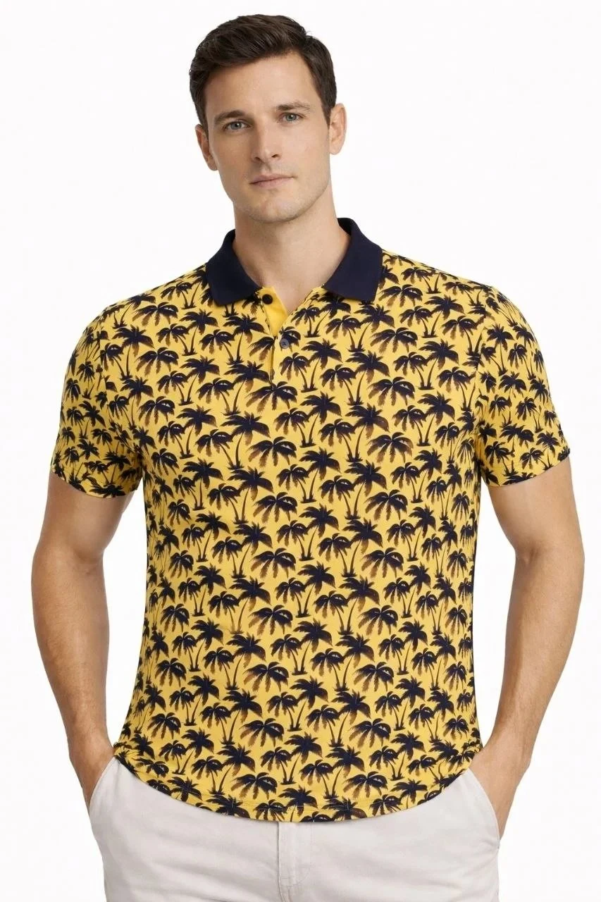 Men's Yellow Pique Fabric Polo Collar Palm Patterned T-Shirt