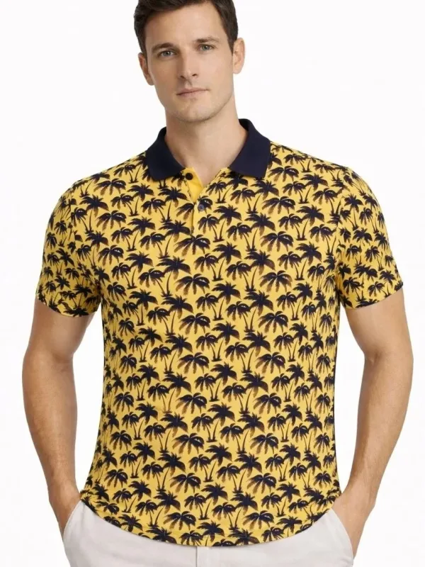Men's Yellow Pique Fabric Polo Collar Palm Patterned T-Shirt 1