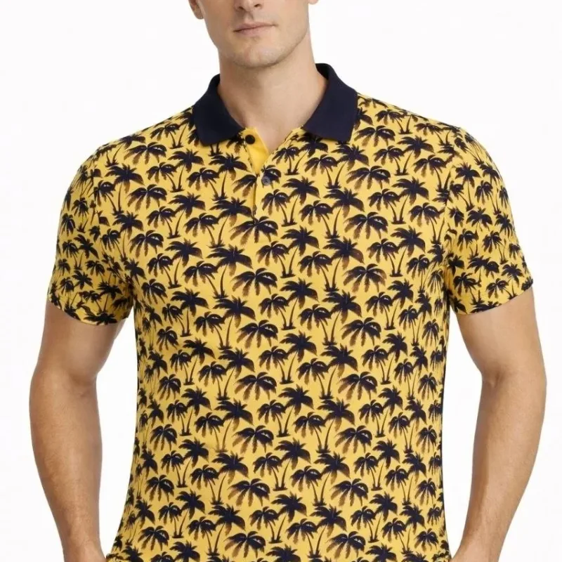 Man Yellow Pique Fabric Polo Collar Palm Patterned T-Shirt
