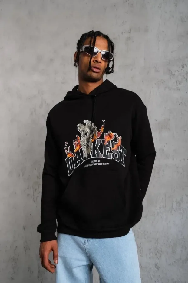 Men's Black Oversize 3-Thread Cotton Hooded Printed Sweatshirt 4