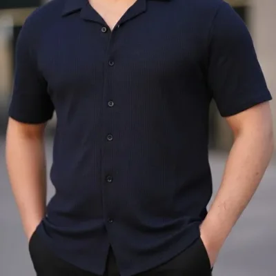 Men's Navy Regular Waffle Fabric Button Open Collar Shirt 2
