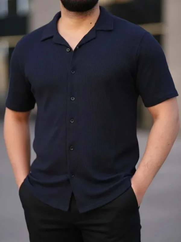 Men's Navy Regular Waffle Fabric Button Open Collar Shirt 2