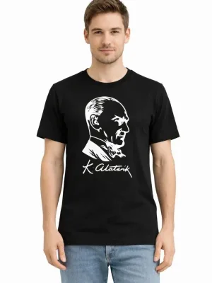 Man Black Ataturk Printed Crew Neck T-Shirt