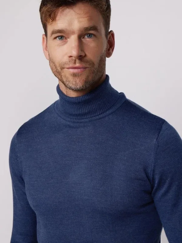 Masculin Indigo Guler Turtleneck Maneca Lunga Tricou 3