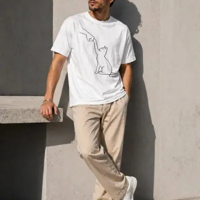 Men's White Oversize Cat Printed Short Sleeve T-Shirt 2