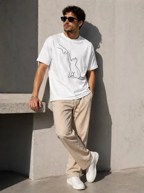Men's White Oversize Cat Printed Short Sleeve T-Shirt 2