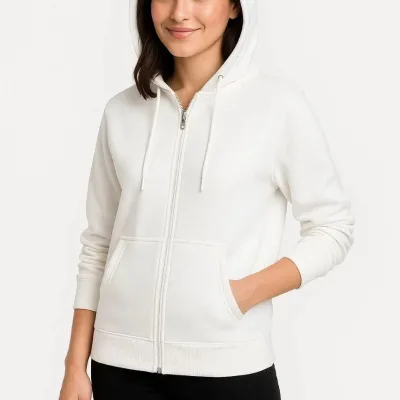 Dámský bílý sweatshirt s kapucí, celoplošným zipem a kapsou klokaní, 3-nitný 3