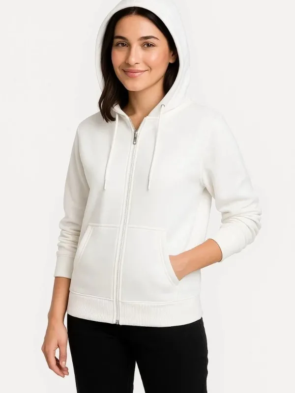 Dámský bílý sweatshirt s kapucí, celoplošným zipem a kapsou klokaní, 3-nitný 3