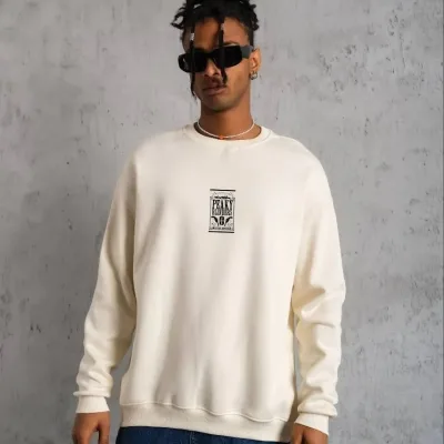 Ανδρικό Λευκό Oversize 3-κλωνο Βαμβακερό Ποδηλατόλαιμο με Τυπωμένο Σχέδιο Sweatshirt 2
