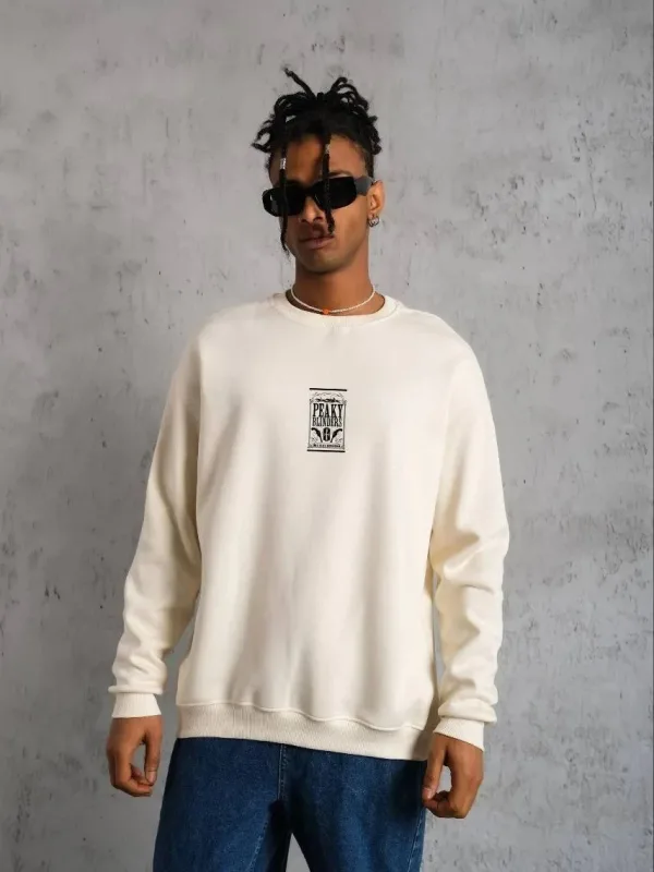 Ανδρικό Λευκό Oversize 3-κλωνο Βαμβακερό Ποδηλατόλαιμο με Τυπωμένο Σχέδιο Sweatshirt 2