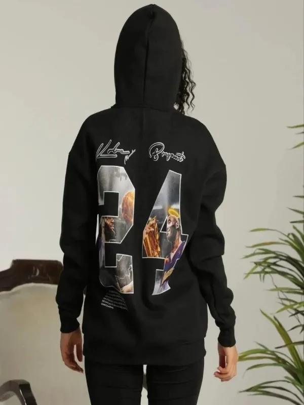 Qadın Qara Oversize Başlıqlı Cibli Çap Hoodie Sviter 1