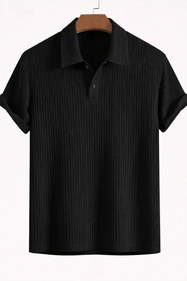 Nero Maschio Oversize Costina Cotone Polo Collo T-Shirt 2