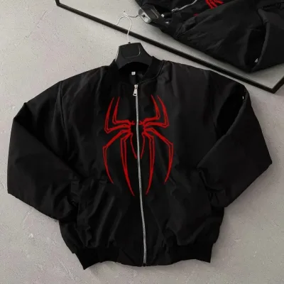 Men's Black Spider Pattern Zippered Pocket Bomber Jacket 1