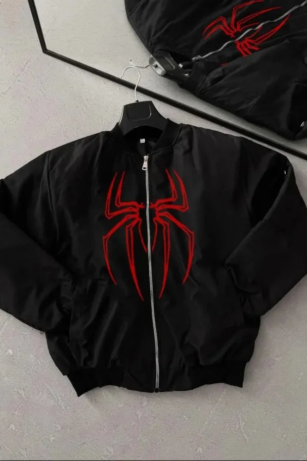 Pánská černá bunda bomber se vzorem pavouka, zipem, kapsami 1
