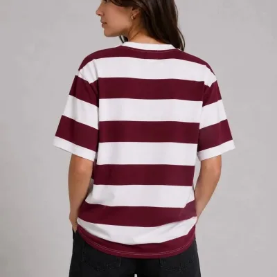 Női bordó oversized kerek nyakú csíkos rövid ujjú póló 2