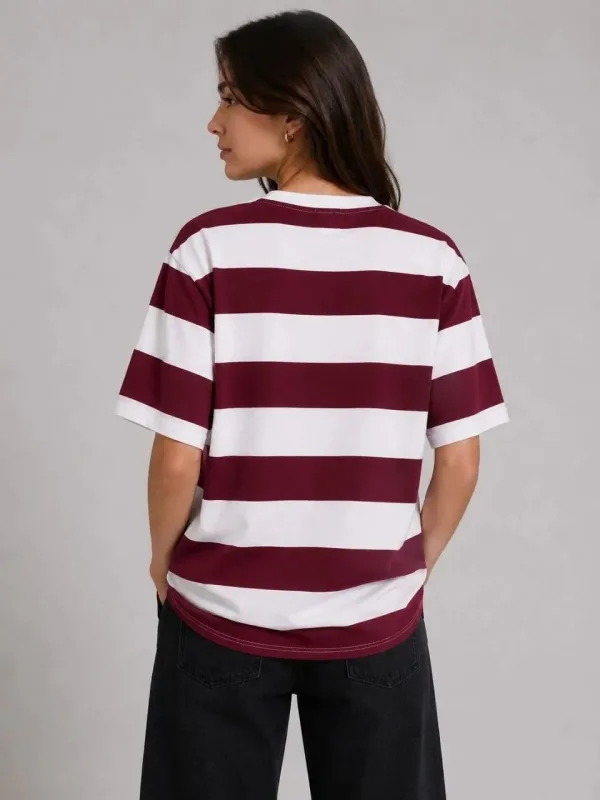 Női bordó oversized kerek nyakú csíkos rövid ujjú póló 2
