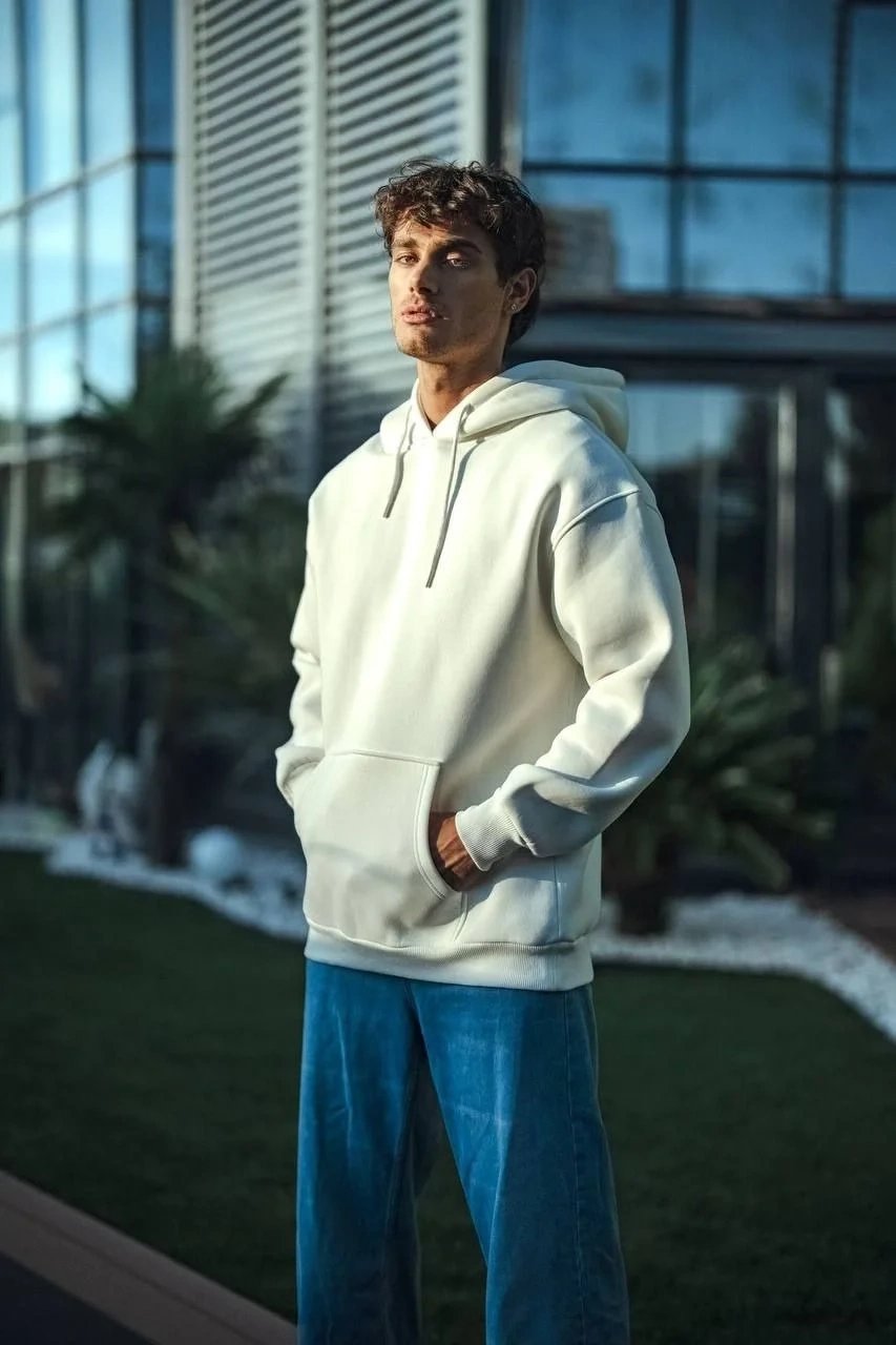 Men's White 3-Thread Cotton Hooded Basic Sweatshirt 2