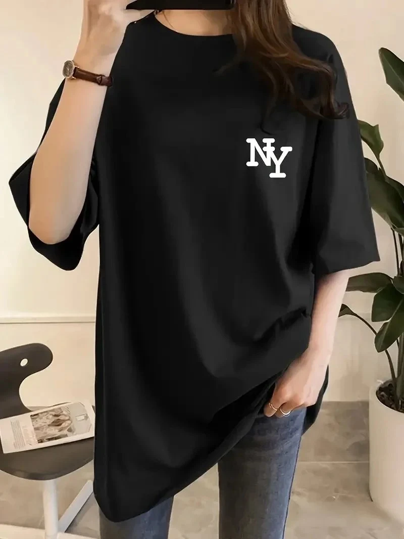 Femeia Tricou Negru cu Guler Bicicletă și Imprimeu NY, Mânecă Scurtă