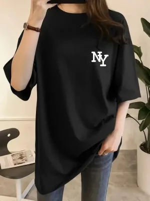 Femeia Tricou Negru cu Guler Bicicletă și Imprimeu NY, Mânecă Scurtă
