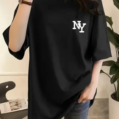 Femeia Tricou Negru cu Guler Bicicletă și Imprimeu NY, Mânecă Scurtă 1