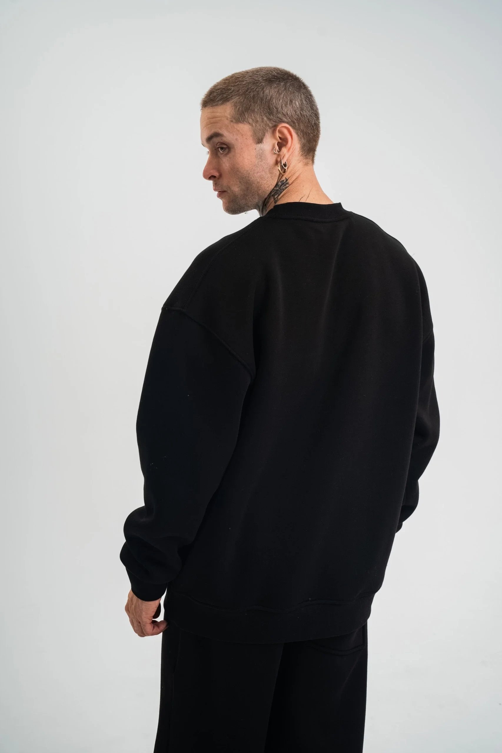 Машки црн 3-нишки памучен долг ракав велосипед јака Sweatshirt 5