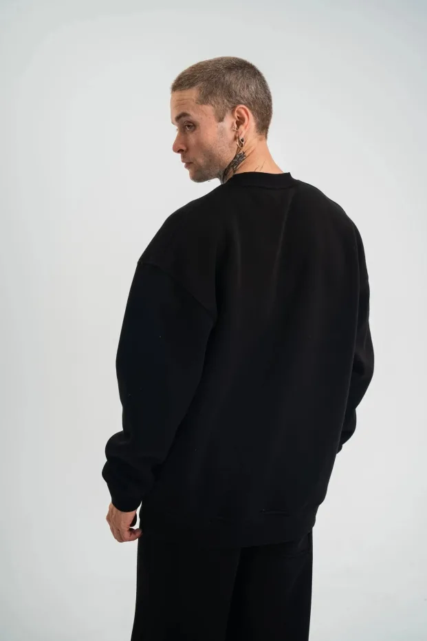 Машки црн 3-нишки памучен долг ракав велосипед јака Sweatshirt 5