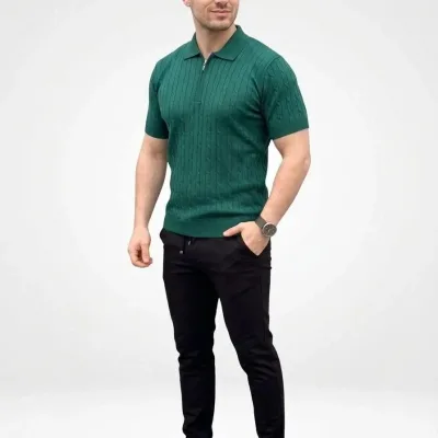 Bluzë polo për meshkuj, kaki, triko me gërsheta, mëngë të shkurtra, me zinxhir 3