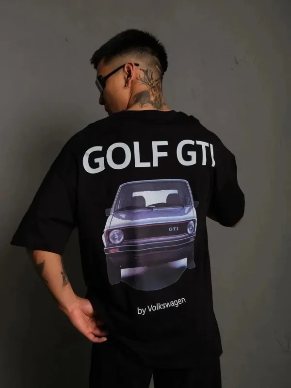 Машки црн oversize Golf GTI ретро автомобил принт маица 1