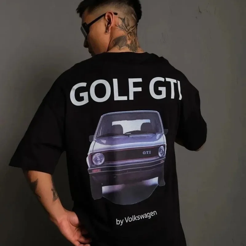 Muška crna oversize Golf GTI retro auto print majica