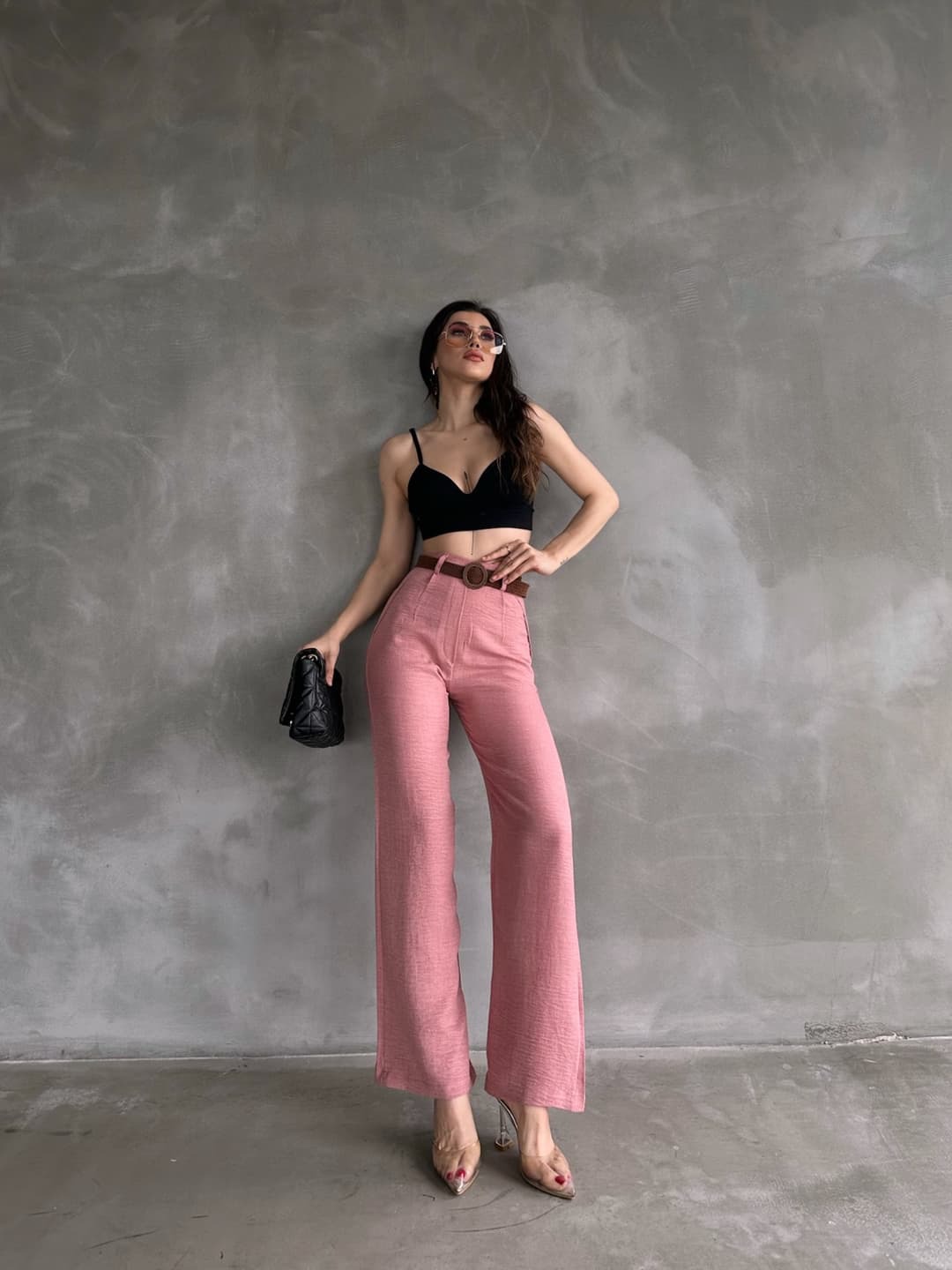 Beli Kemerli Keten Pantolon Pudra
