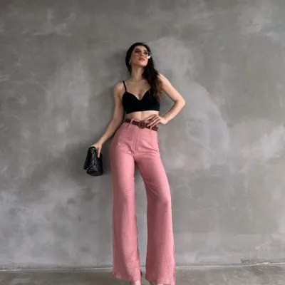Lanene pantalone sa kaišem na struku, puder 1
