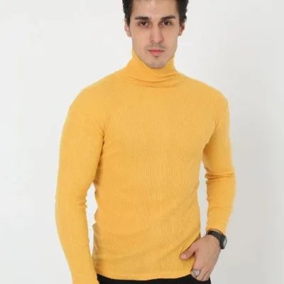 Men's Yellow Slim Fit Lycra Turtleneck Ribbed Bodysuit 2