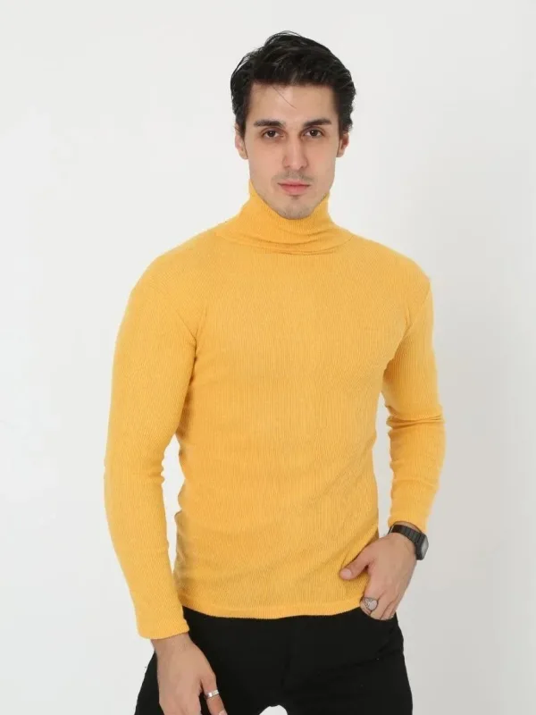 Men's Yellow Slim Fit Lycra Turtleneck Ribbed Bodysuit 2