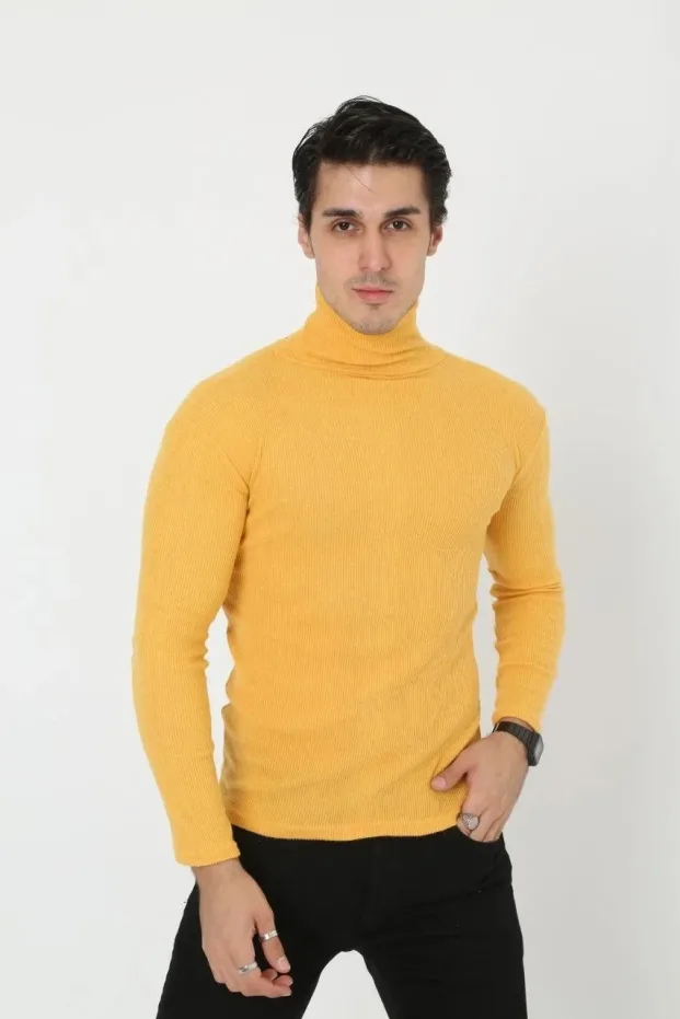Férfi Sárga Slim Fit Likralı Turtleneck Bordázott Body 2