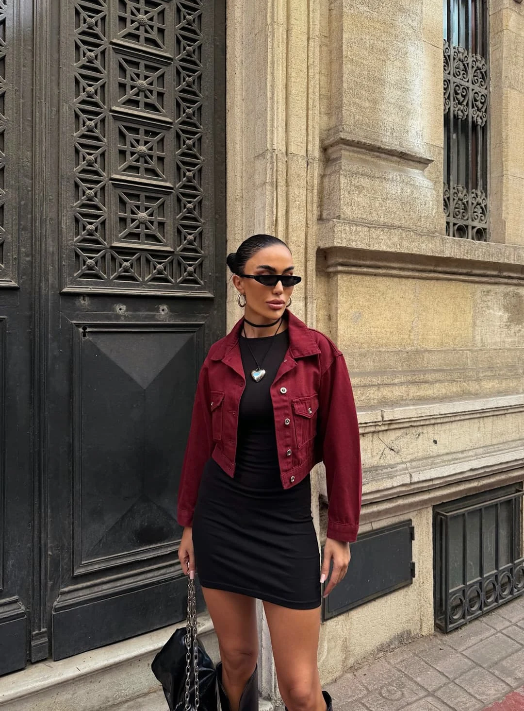 Dvojité kapsy Džínový Crop Kabát Bordeaux