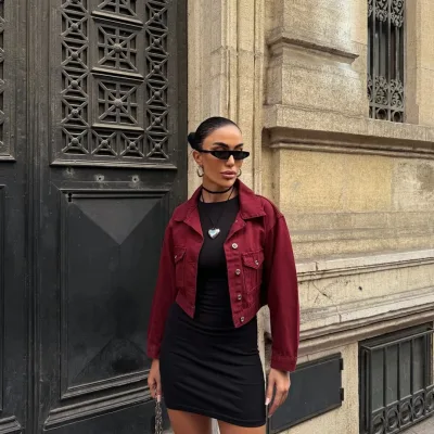 Dvojité kapsy Džínový Crop Kabát Bordeaux 1