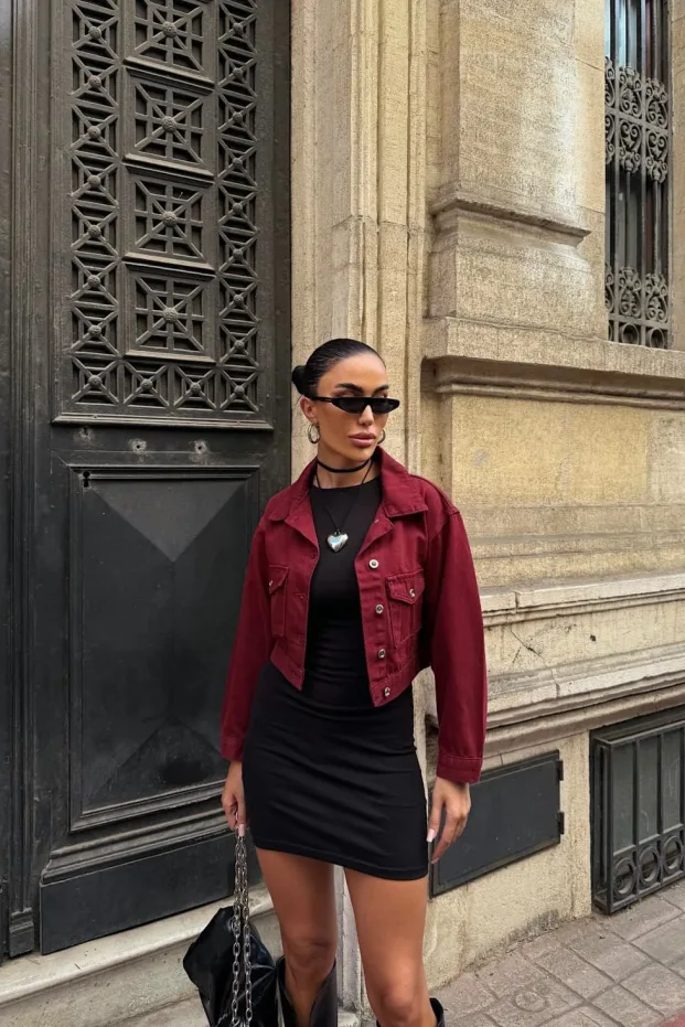 Çift Cep Denim Crop Ceket Bordo 1