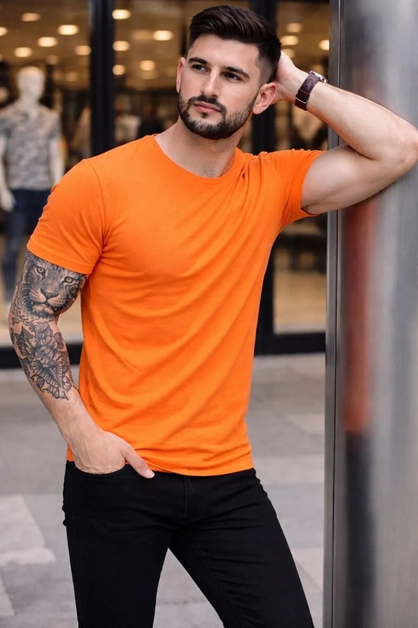 Narancssárga Férfi Slim Fit Kerékpárnyakú Elasztikus Body Póló 1