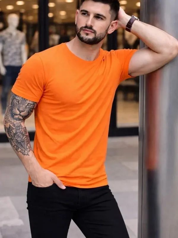 Pánské oranžové slim fit body s kulatým výstřihem, strečové 1