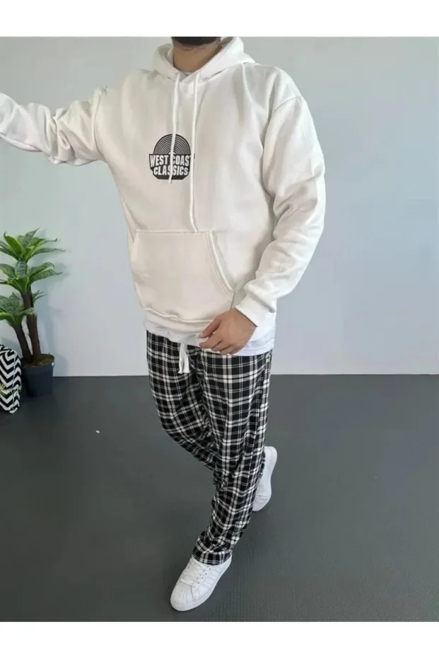 Pánský bílý 3-nitní bavlněný hoodie s potiskem a klokaní kapsou 1