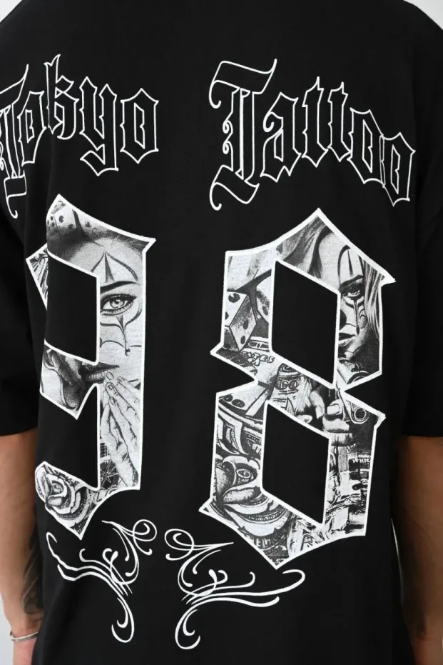Men's Black Oversize Crew Neck Printed Summer T-Shirt 4