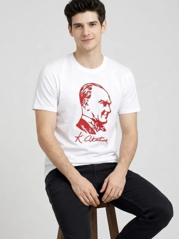 Férfi Fehér Kerékpárnyakú Atatürk Nyomtatású Póló 1