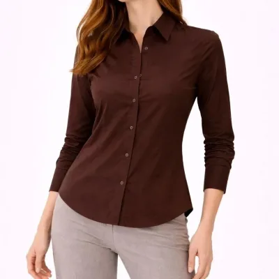 Women's Brown Classic Collar Buttoned Long Sleeve Daily Office Shirt 2