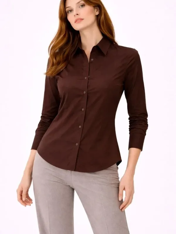 Women's Brown Classic Collar Buttoned Long Sleeve Daily Office Shirt 2