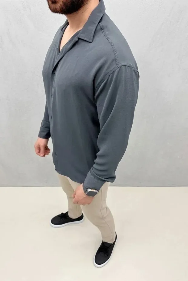 Erkek Füme Oversize Uzun Kollu Düz Gömlek 5