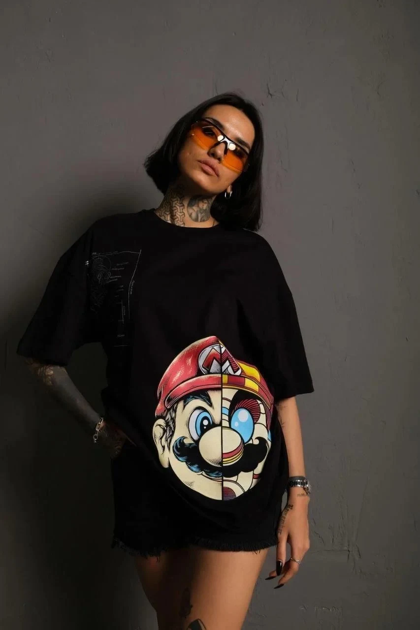 Ženska crna oversize bicikli kragna Mario print majica